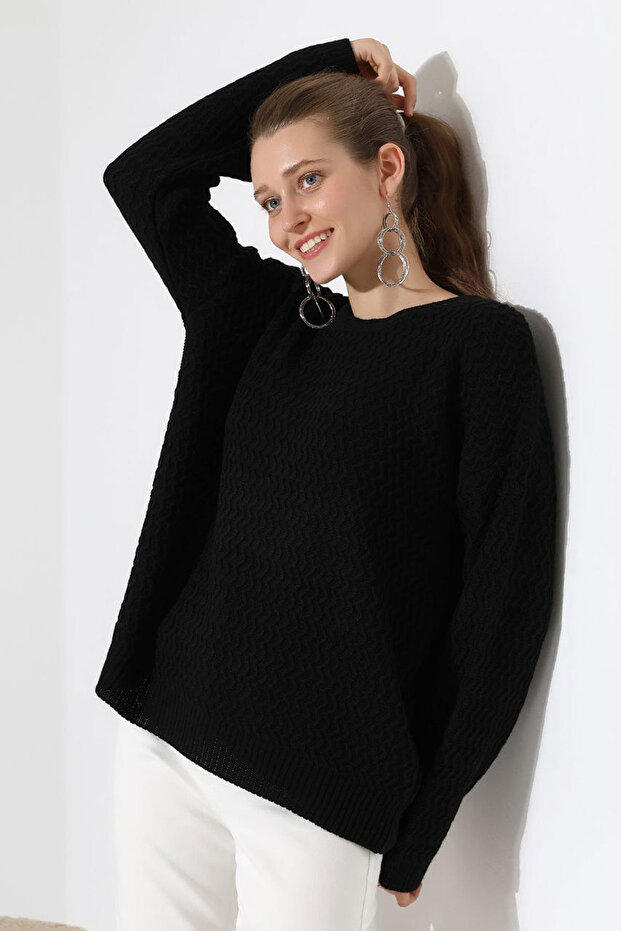 Crew Neck Waterway Patterned Knit Sweater