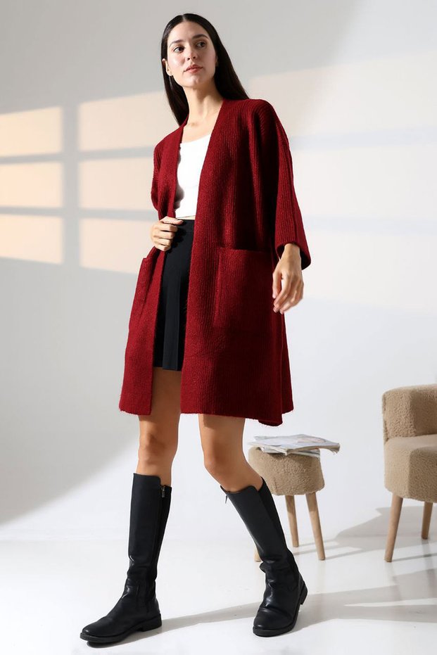 Women's Burgundy Double Pocket Half Sleeve Long Length Knitwear Cardigan