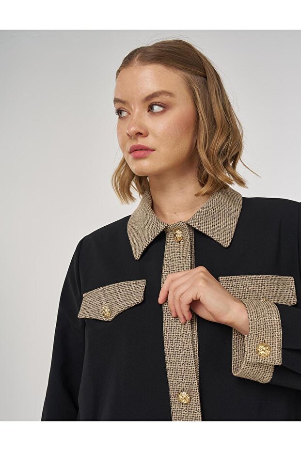 سترة بأزرار لامعة باللون الأسود - 7