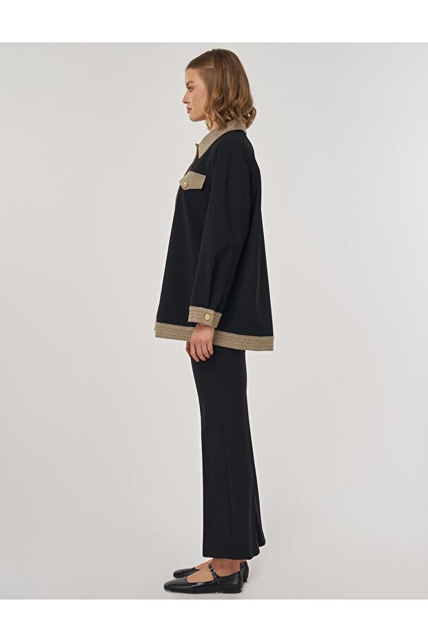 سترة بأزرار لامعة باللون الأسود - 6