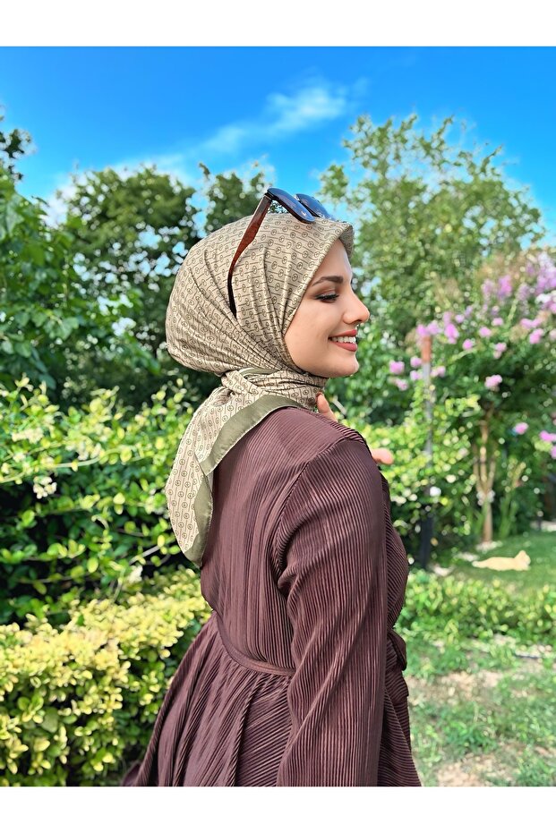 Çizgisel Daire Mk Pamuk Eşarp - Haki-Bej - 3