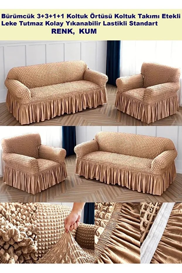 Crepe Cotton Sofa and Couch Cover Set with Elastic Skirt Sofa and Couch Cover 3+3+1+1 Standard