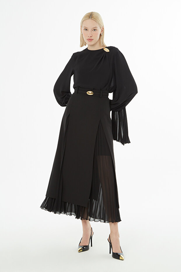 Kemerli Pliseli Midi Boy Etek - 3