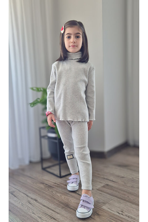 Karmelanj Striped Turtleneck Label Detailed 2-Piece Ribbed Leggings Set (2-9 Years Old)