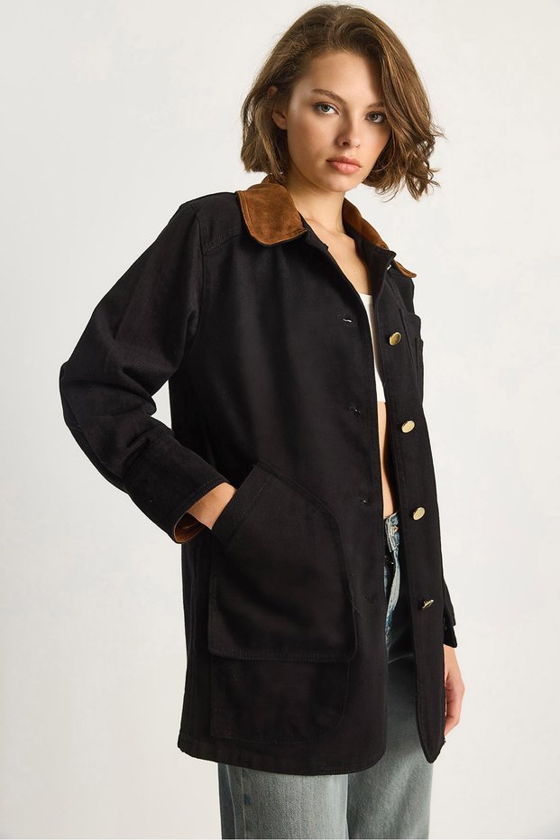 Women's Black Suede Contrast Collar Pocket Detailed Garnished Gabardine Jacket 2767 60281112
