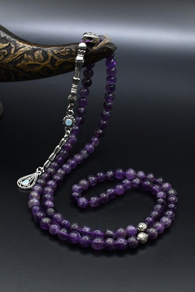 Natural Amethyst Stone 99 Prayer Beads with Metal Tassel 6mm Sphere Cut 902273
