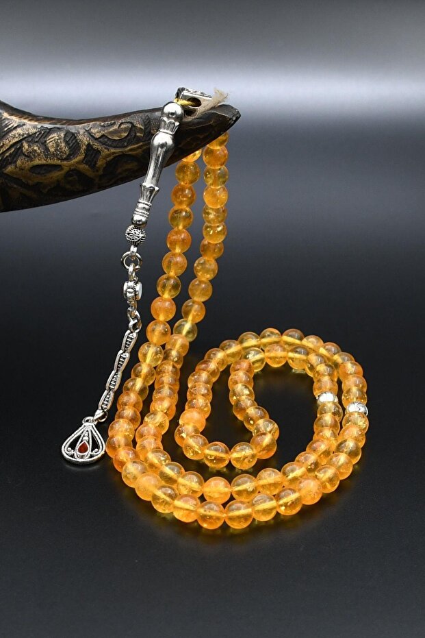 Natural Citrine Stone 99 Prayer Beads with Metal Tassel 6mm Sphere Cut 902278
