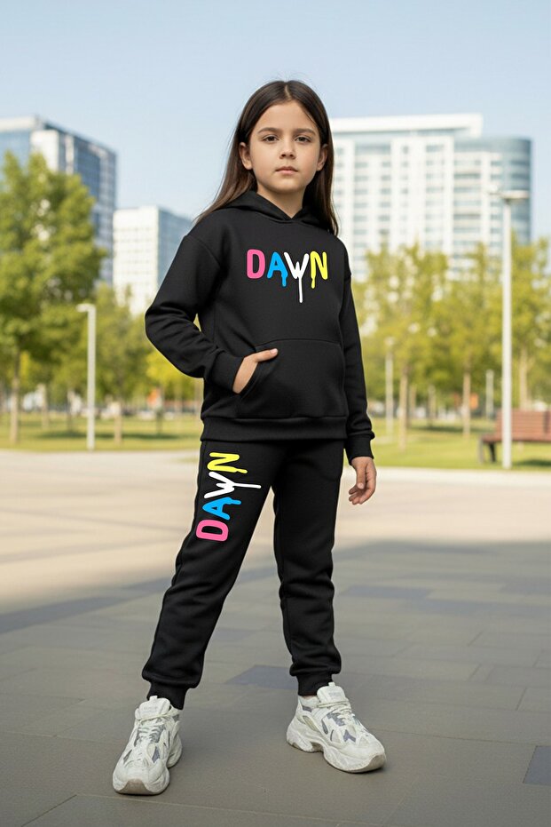 Kanguru Pocket Hooded Dawn Printed Girls' Tracksuit Set