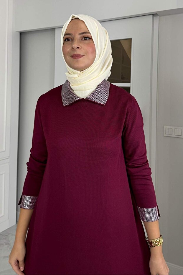 Pera Taşlı Triko Elbise Bordo - 2