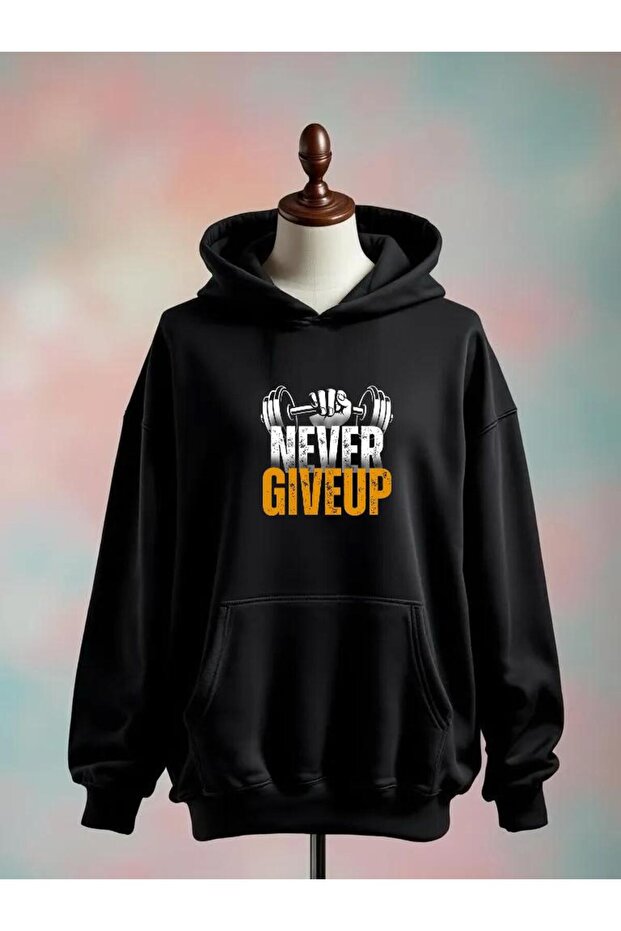Never Give up Text Printed Cotton 3 Thread Oversize Black Sweatshirt