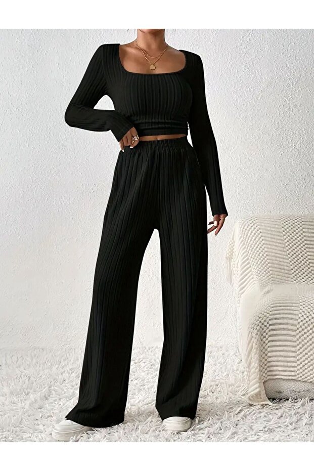 Women's Stripe Pattern Drawstring Detail Relaxed Fit Interlock Top and Bottom Set - 1