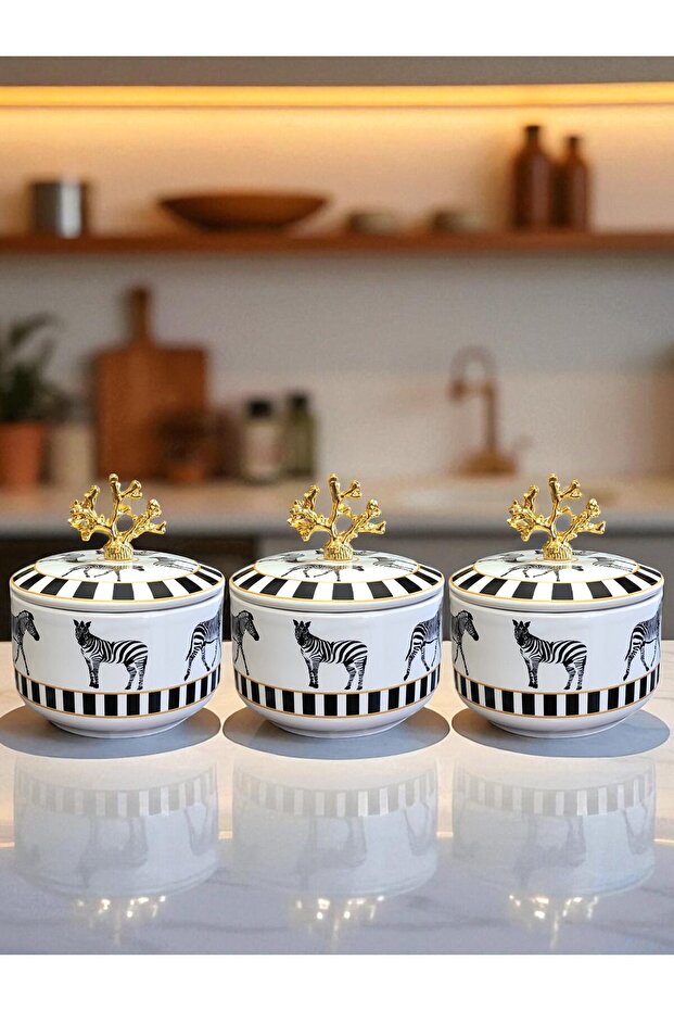 Kitchen Accessory 3-Piece Breakfast Storage Container Spice Rack Sugar Bowl Zebra Horse Pattern Gold