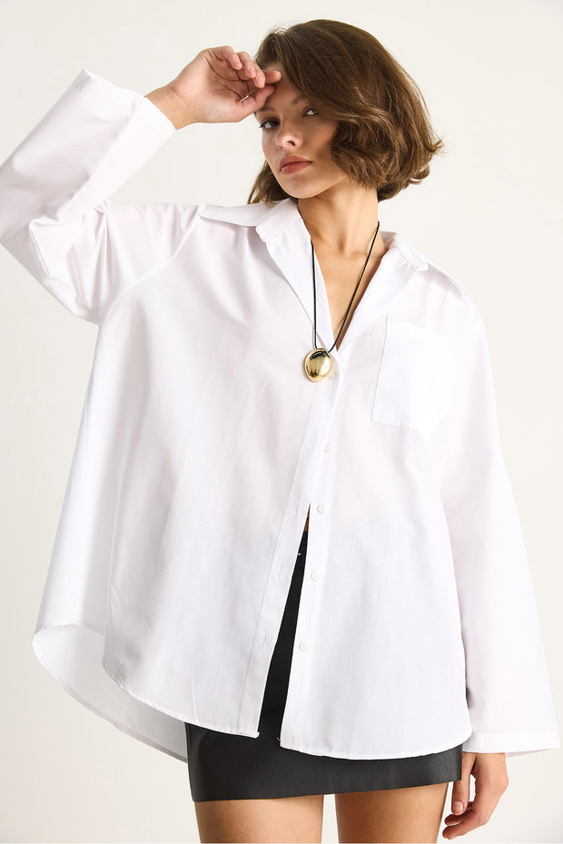 Kadın Geniş Kollu Tek Cep Detaylı Oversize Basic Poplin Gömlek 2144 60284103 - 5
