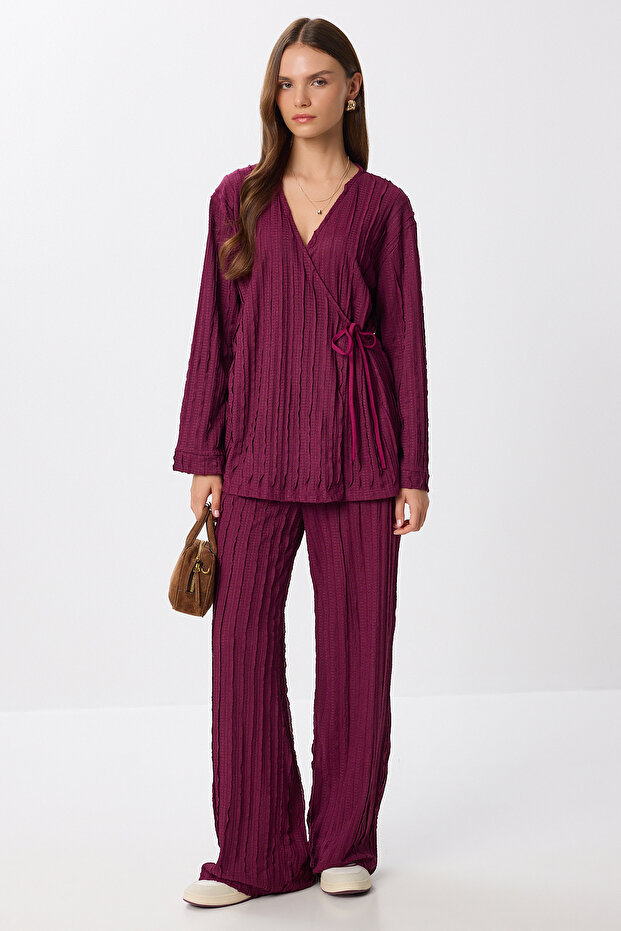 Textured Top and Bottom Knitted Set Lan0067 Mürdüm