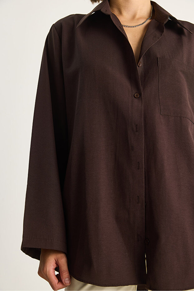 Kadın Geniş Kollu Tek Cep Detaylı Oversize Basic Poplin Gömlek 2144 60284103 - 7