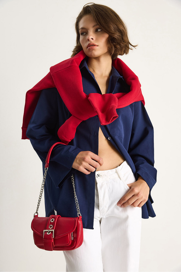 Kadın Geniş Kollu Tek Cep Detaylı Oversize Basic Poplin Gömlek 2144 60284103 - 2
