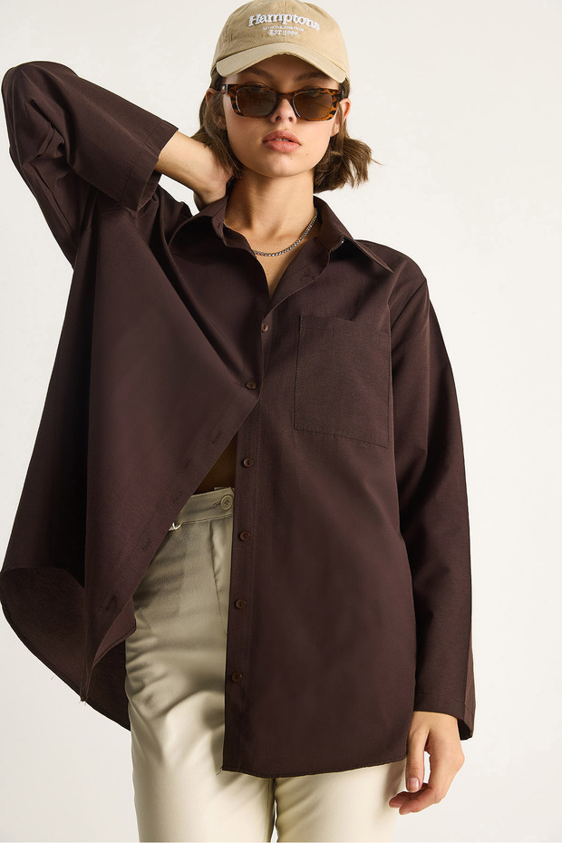Kadın Geniş Kollu Tek Cep Detaylı Oversize Basic Poplin Gömlek 2144 60284103 - 4