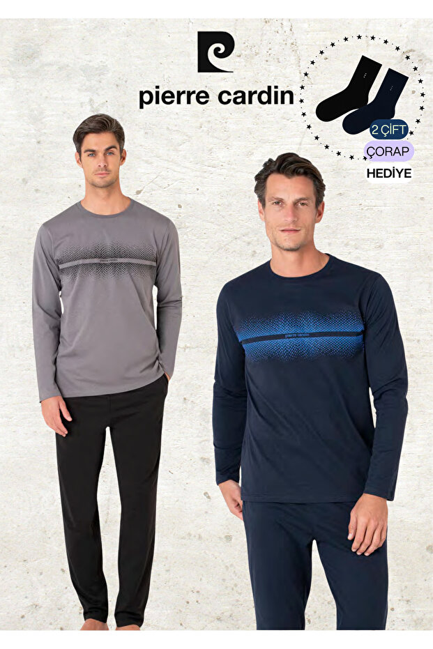 Men's 100% Cotton Long Sleeve Patterned Navy Blue & Dark Gray Two Piece Pajama Set L1.Pc.6102.002