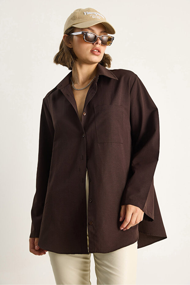 Kadın Geniş Kollu Tek Cep Detaylı Oversize Basic Poplin Gömlek 2144 60284103 - 2
