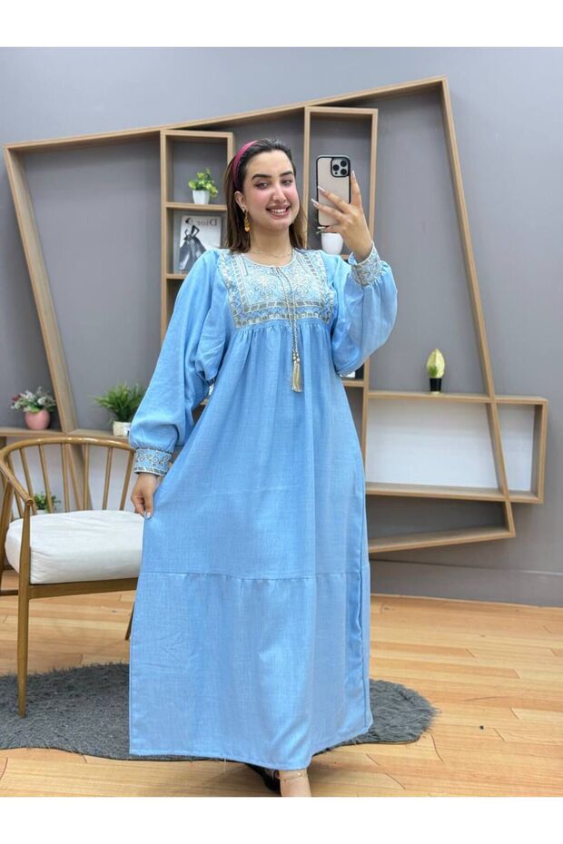 جلابية كتان مطرزة مقاس 100 كيلو