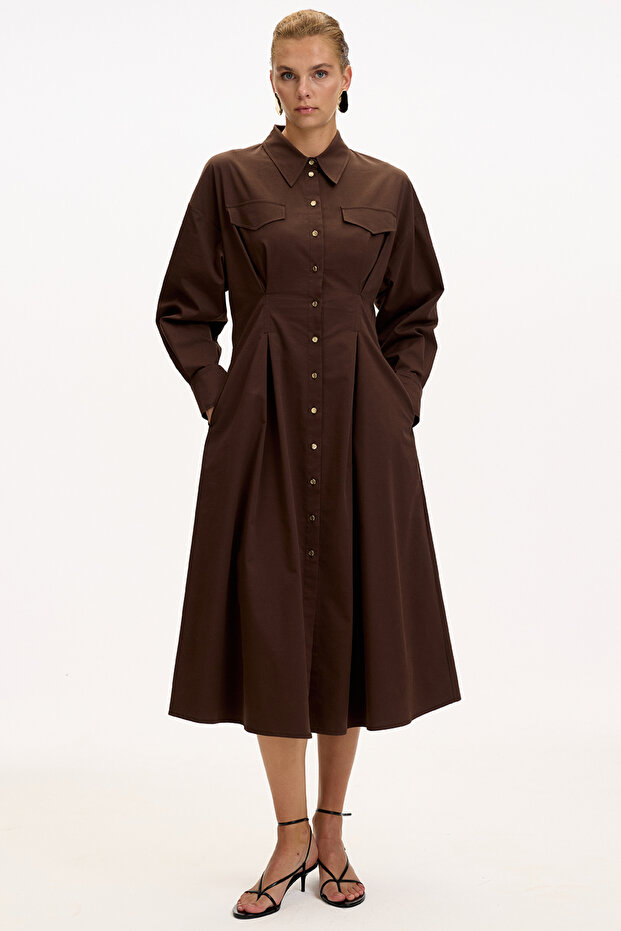 Gömlek Yaka Uzun Kollu Cepli Regular Düğmeli Midi Elbise - 6