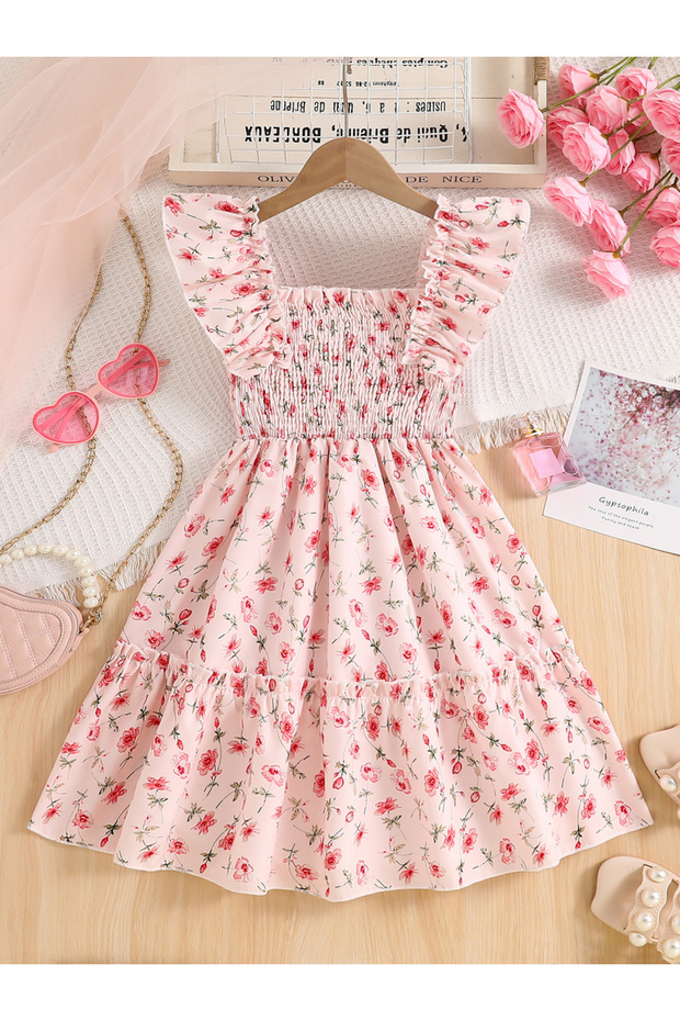 Girls Pink Floral Print Ruffled Sleeve Dress
