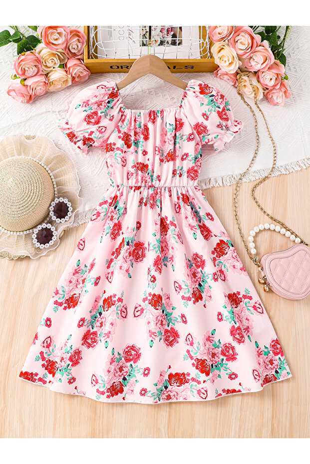 Pink Floral Puff Sleeves A-Line Dress