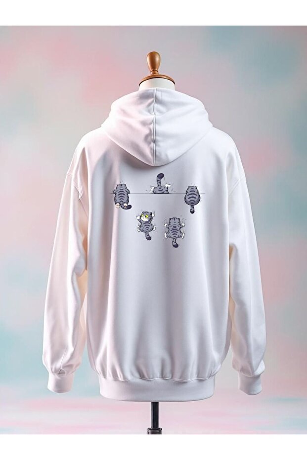 Cat Printed Cotton 3 Yarn Oversized White Sweatshirt