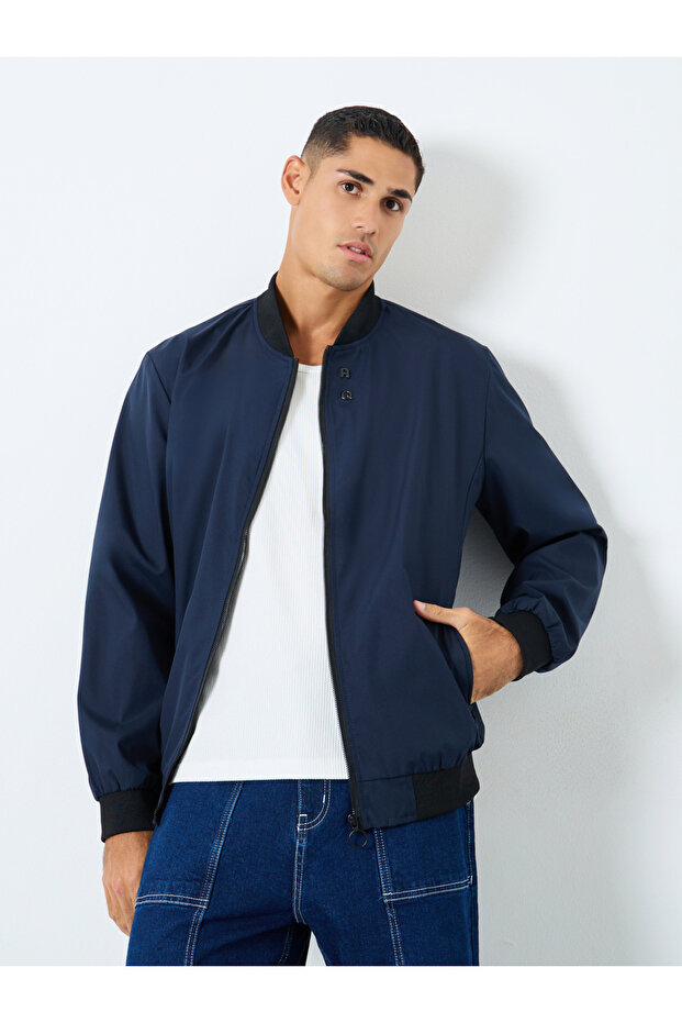 Men Dark Blue Solid Bomber Jacket - 1