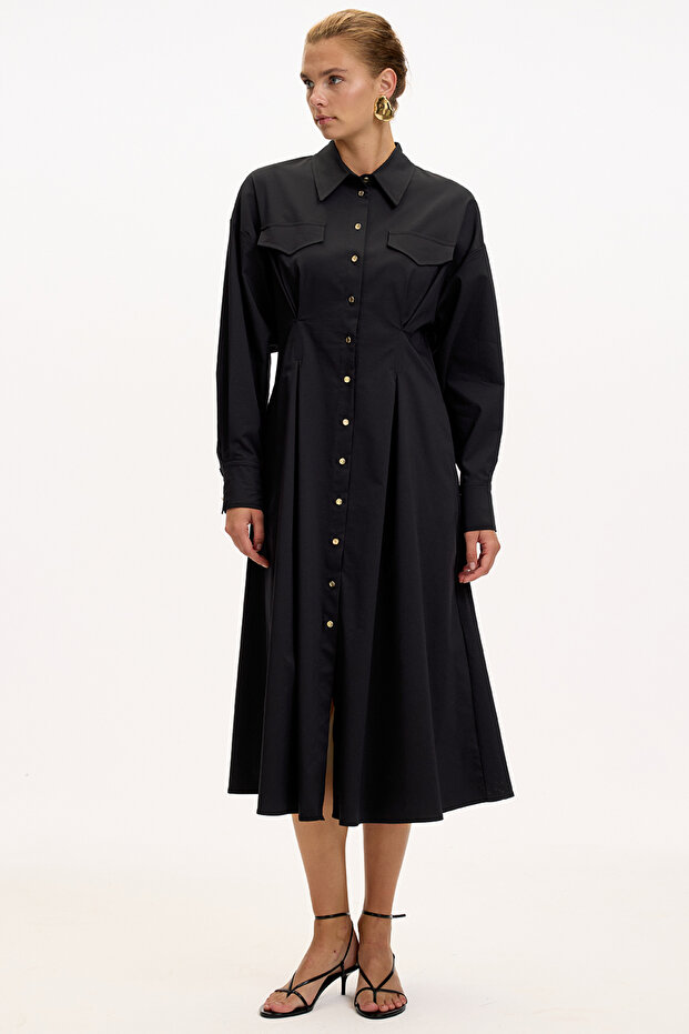 Gömlek Yaka Uzun Kollu Cepli Regular Düğmeli Midi Elbise - 2