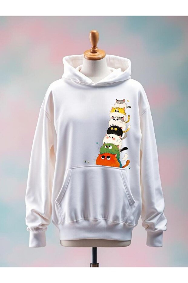 Cat Printed Cotton 3 Yarn Oversized White Sweatshirt