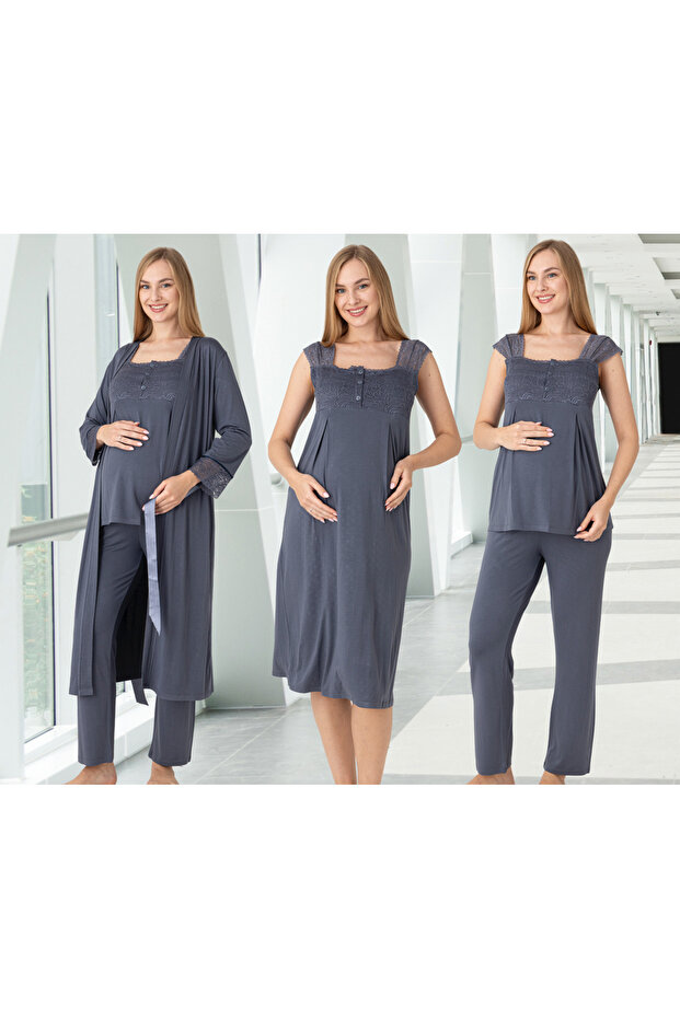 Lace-Detailed Elegant Robe, Nightgown, and Pajama 4-Piece Nursing and Maternity Set