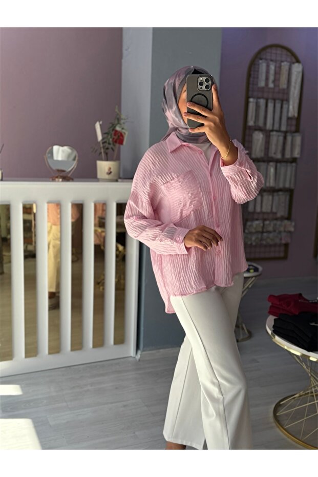 Çizgi Dokulu Cepli Gömlek - 2