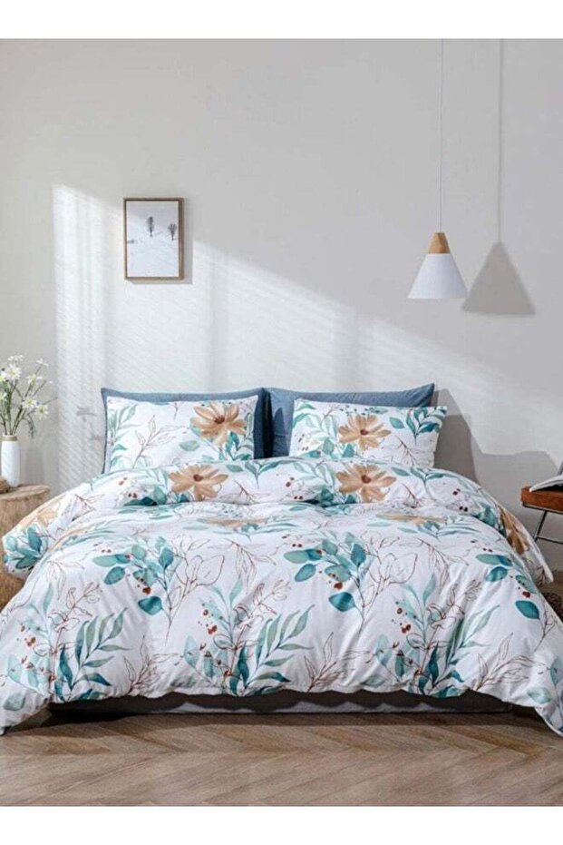 Bedding Set Without Filling Green Leaves Design In White