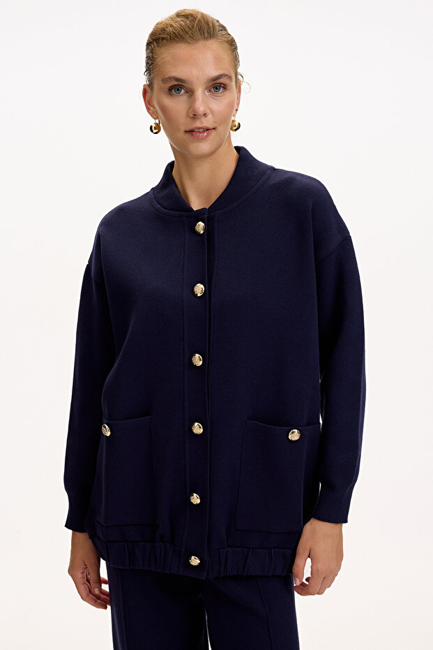Bisiket Oversize Tirko Cardigan with Collar Pockets and Gold Buttons
