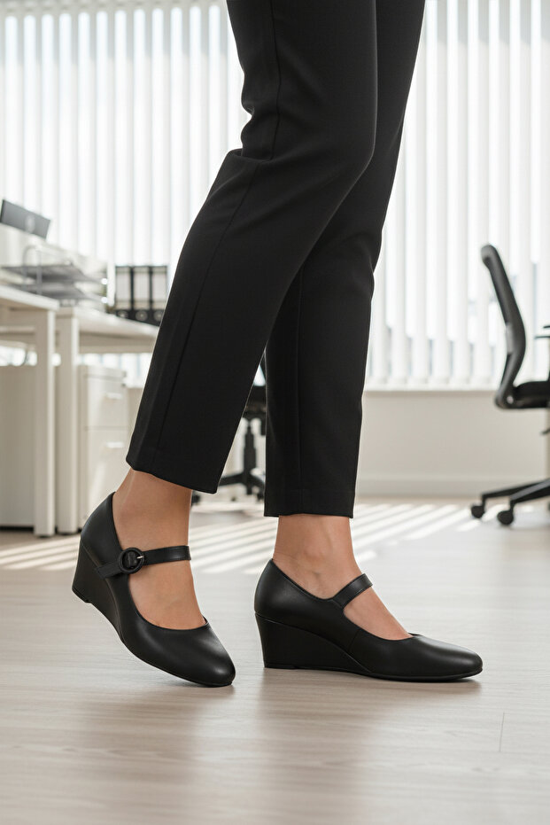 Black Leather Wedge Heeled Women's Heeled Shoes 312478 Z
