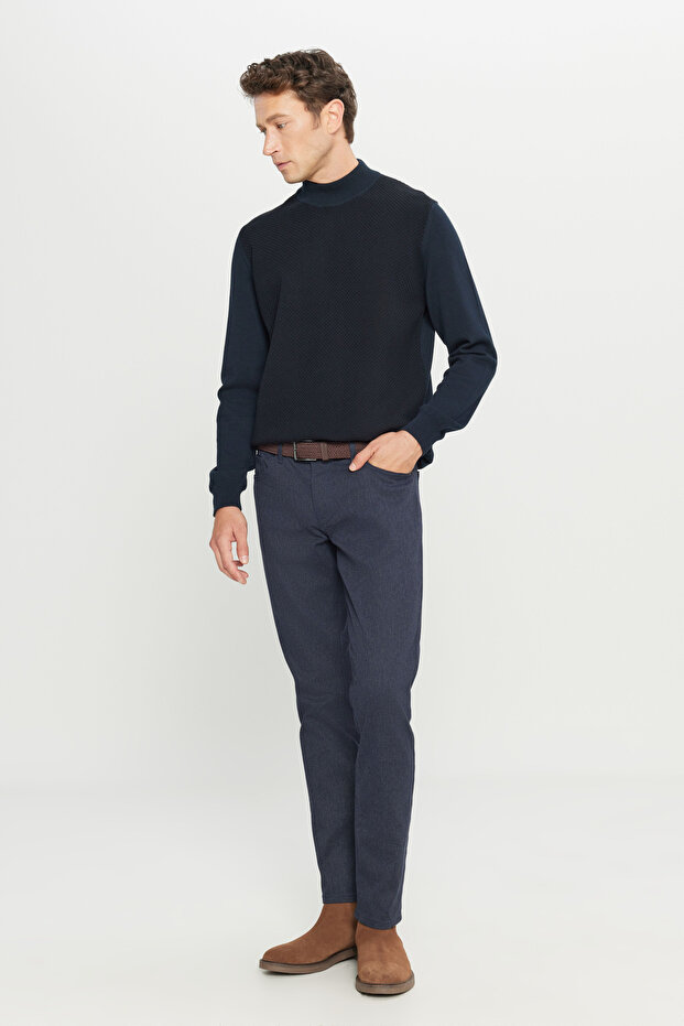 Men's Navy Blue Cotton Slim Fit Slim-Fit 5-Pocket Stretch Casual Trousers