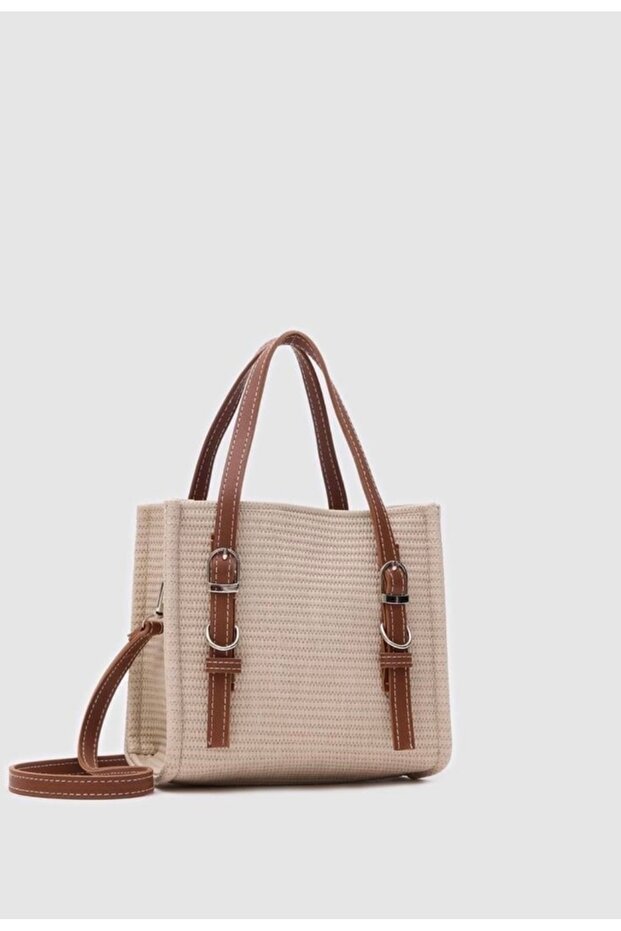 Hasır krem detaylı çapraz çanta bej - 1