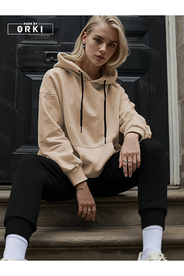 Women's Beige Oversize Hooded Sweat & Jogger Tracksuit Set
