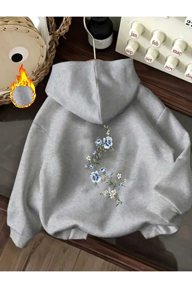Blue and White Floral Printed Gray Sweatshirt with Hood, Pockets and Wool Inside