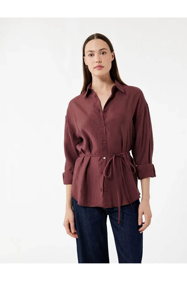 Oversize Burgundy Women's Shirt with Tie Detail at Waist 6Wak60017Pw