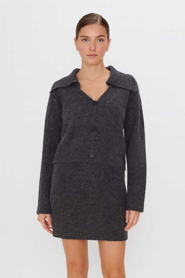 Women's knit set - button-up jacket with wide polo collar detail & matching knit skirt/top set