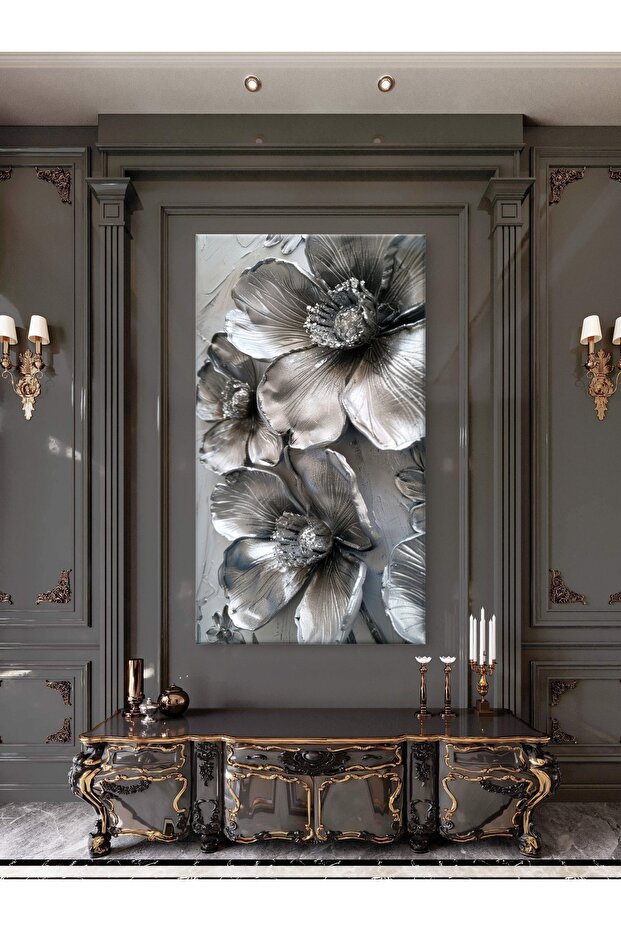 GÜMÜŞ ÇİÇEK BASKI KANVAS TABLO - 3