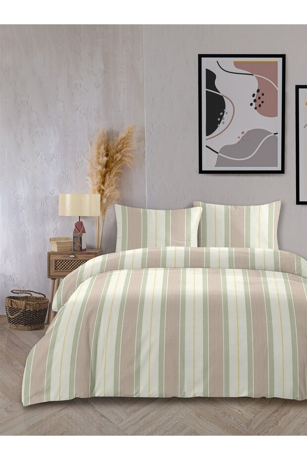 Cool Natural 100% Cotton Akfil Line Green Yarn Dyed Duvet Cover Set Double Size - 200X220 cm