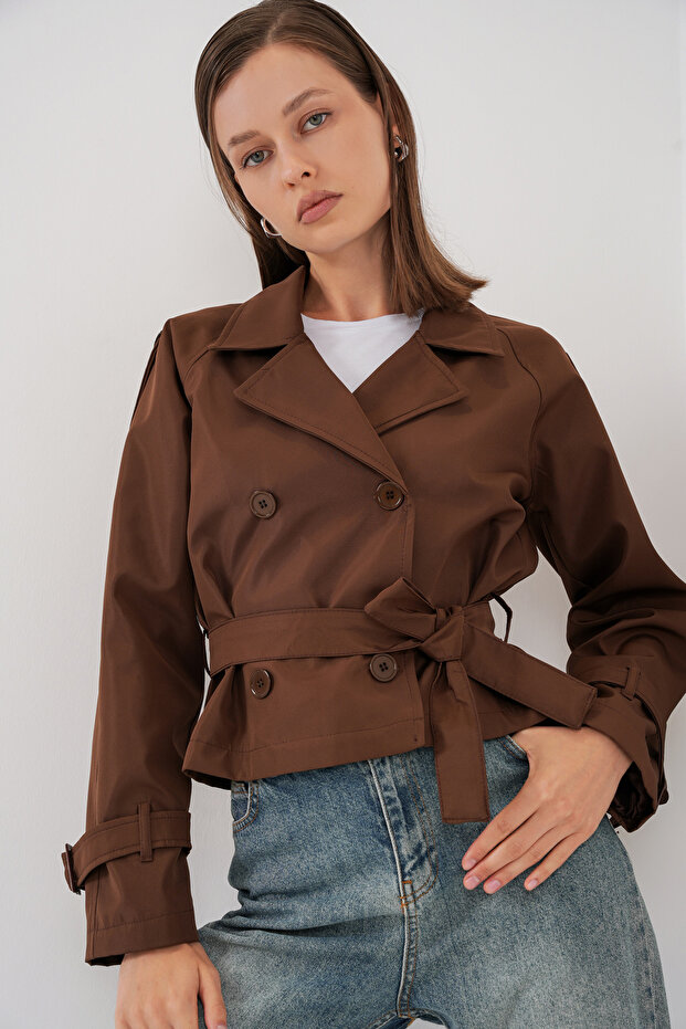 Women's Belted Short Trench Coat 5970 - Brown
