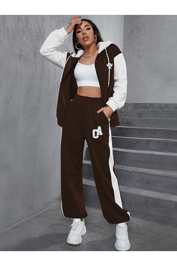 Brown California 97 Printed 3 thread Brown Zippered Sleeves and Hat White Tracksuit Set