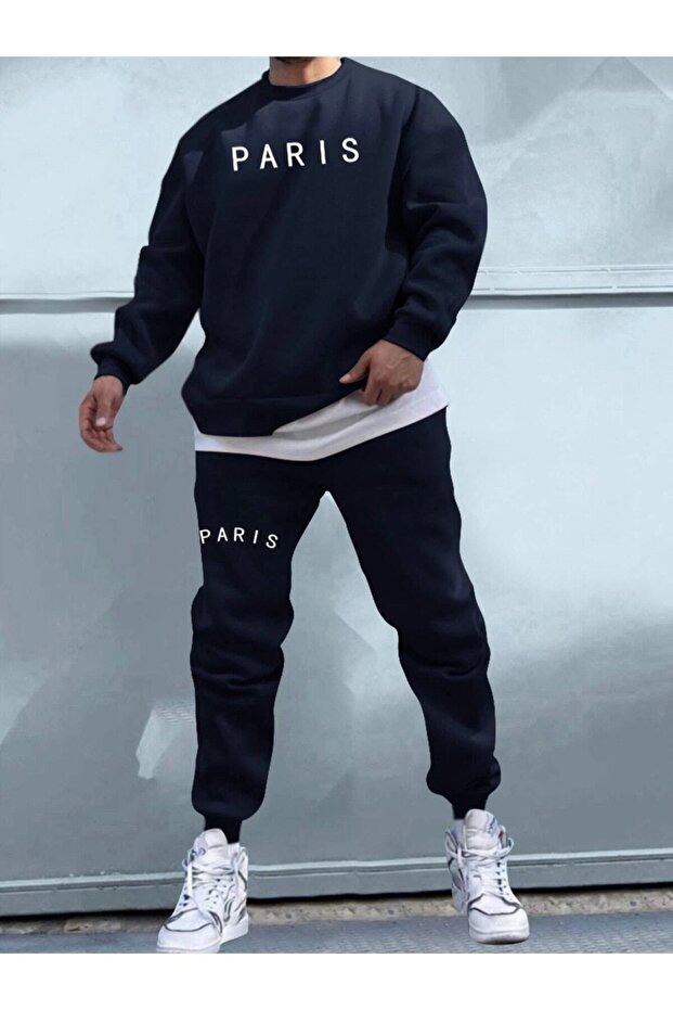 Men's Black Paris Printed Crew Neck Tracksuit Set