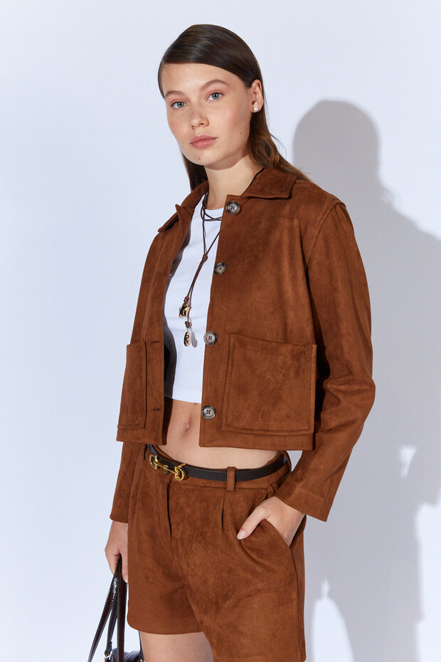 Short Suede Women's Jacket with Coffee Pocket - Ek100351284