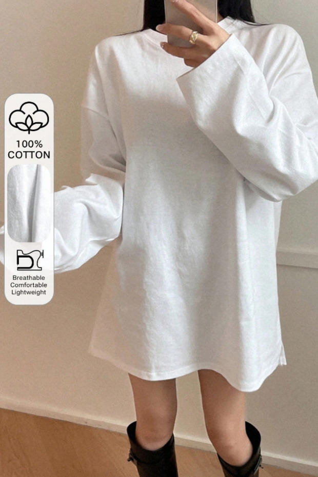 Women's White Loose Crew Neck Long Sleeve T-Shirt