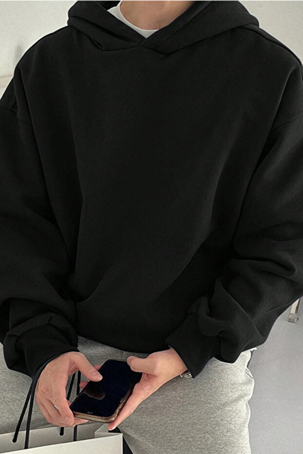 Erkek Siyah Kapüşonlu Oversize Sweatshirt - 7